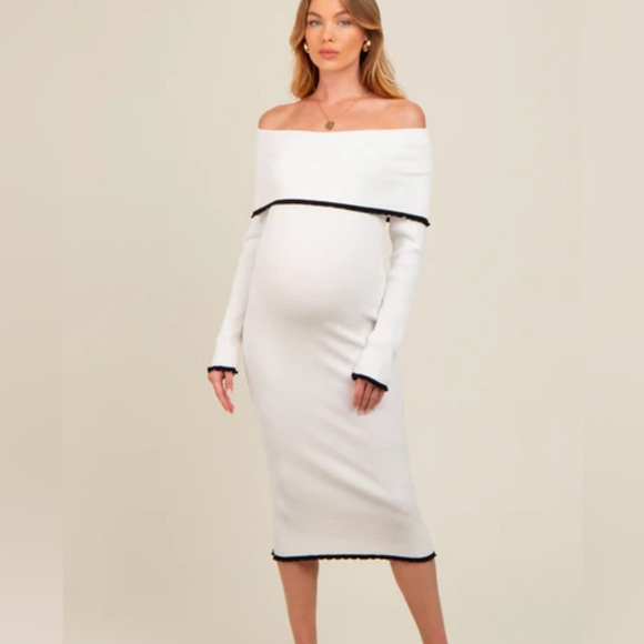 Ivory Knit Off Shoulder Contrast Ruffle Trim Maternity Dress - Picture 2 of 3